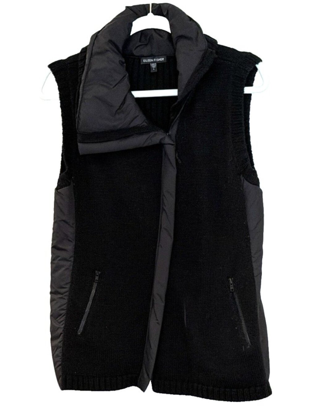 Eileen Fisher Black Merino Wool Nylon Collar Mixed Media Zip Up Vest Jacket Sz S
